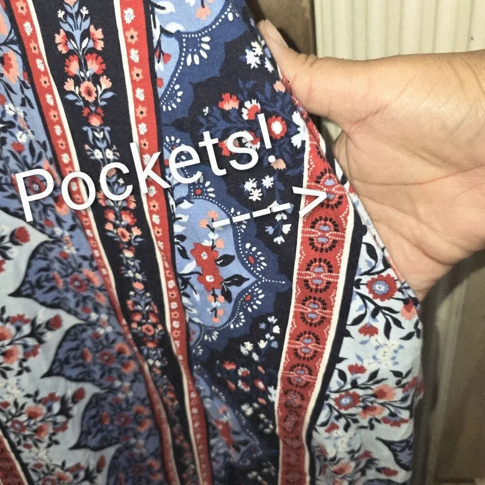 Soft Surroundings Sz 3X Santiago Blue Red Floral Side Pockets Boho Trapeze Dress